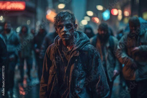 Young guy Zombie among the crowd of zombies. Zombies are walking down the street. Apocalypse. Infection. Generative AI