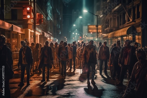 Crowd of zombies. Zombies are walking down the street. Apocalypse. Infection. Generative AI
