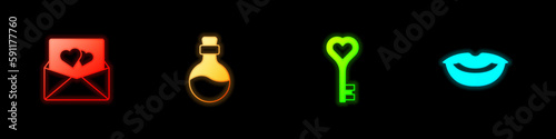 Set Envelope with Valentine heart, Bottle love potion, Key shape and Smiling lips icon. Vector