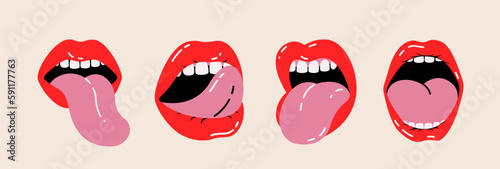 Vector illustrations Set with different female lips and eyes, emoji in a cartoon style, editable strokes