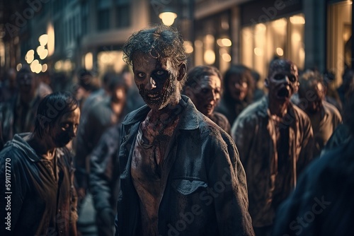 Young guy Zombie among the crowd of zombies. Zombies are walking down the street. Apocalypse. Infection. Generative AI
