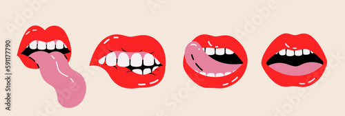 Vector illustrations Set with different female lips and eyes, emoji in a cartoon style, editable strokes