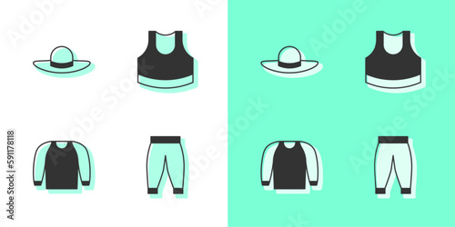 Set Pants, Elegant women hat, Sweater and Female crop top icon. Vector
