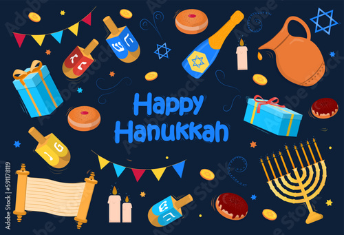 Hanukkah elements set. Collection of traditional Israeli drinks and food. Culture, holiday and festival. Menorah, bunting and oil. Cartoon flat vector illustrations isolated on black background