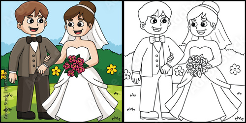 Wedding Groom And Bride Coloring Page Illustration
