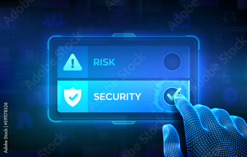 Risk or Security. Making decision. Risk management business concept. Work safety. Danger surveillance. Hand on virtual touch screen ticking the check mark on Security button. Vector illustration.