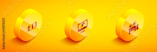 Set Isometric Camera photo lens, Photo retouching and Retro cinema camera icon. Vector
