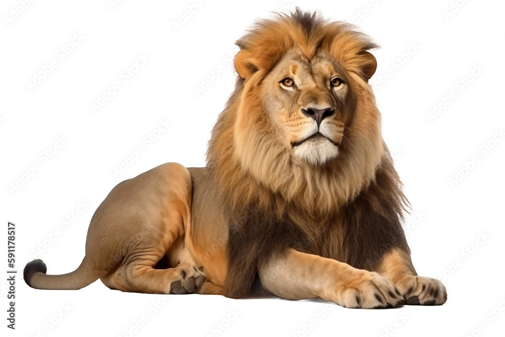 majestic lion sitting isolated on white background 