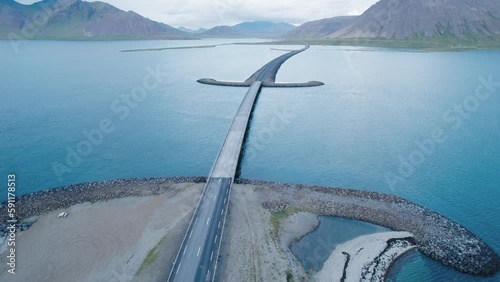 Drone Aerial of Kolgrafafjordur Sword Highway in Iceland. photo
