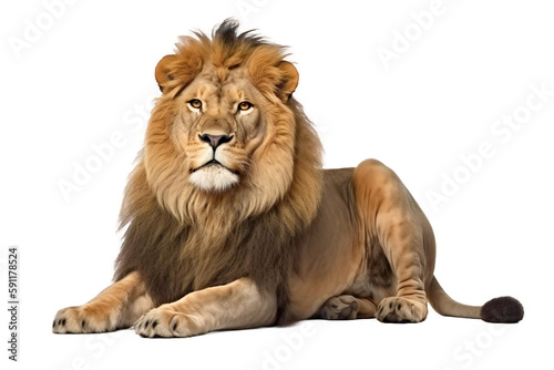 majestic lion sitting isolated on white background 