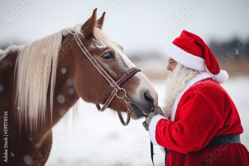 A horse dressed as Santa Claus is waiting for a happy New Year and Christmas. Santa's animal Generative AI