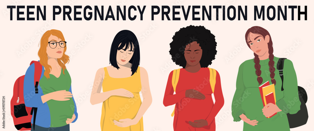 Teen pregnancy prevention month. Unhappy pregnant teenage girs. Social problem of adolescent or teen pregnancy. Vector illustration - obrazy, fototapety, plakaty 