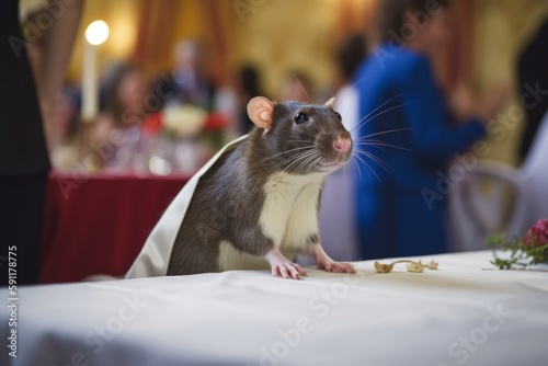 a rat at a wedding with flowers came to congratulate the bride and groom. A wedding ceremony and many people around Generative AI © vasyan_23