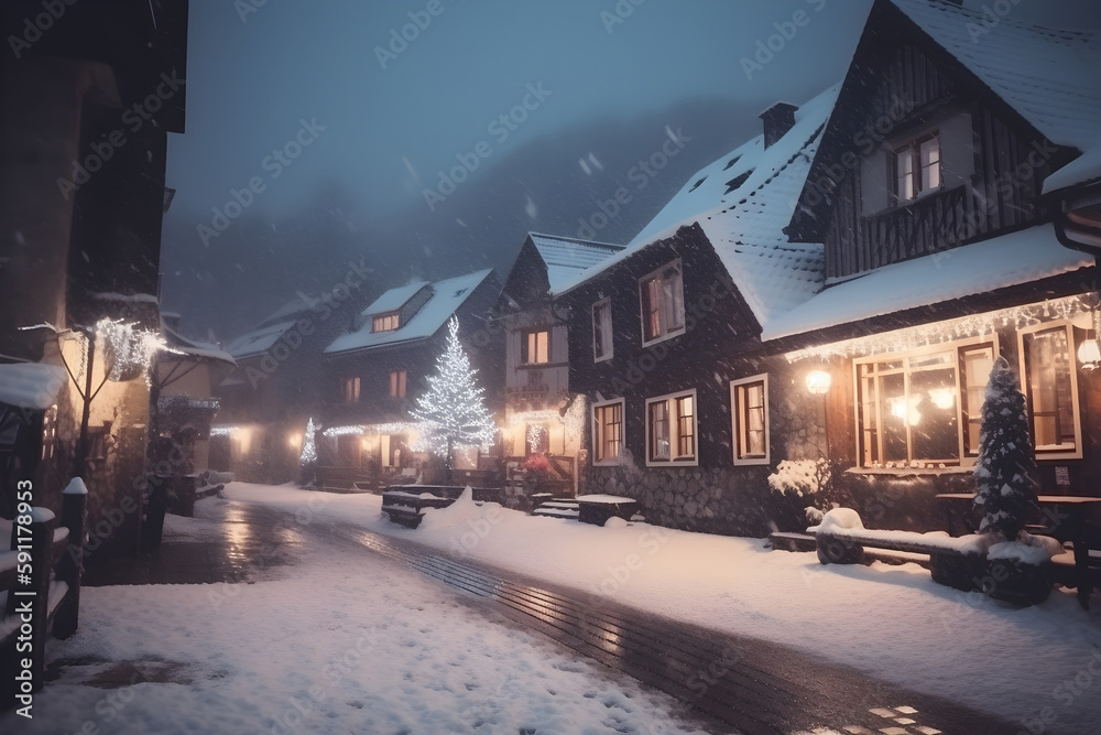 Snowy European Winter Village During Christmas Season: AI Generated Image