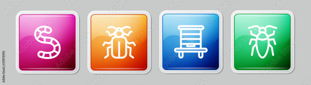 Set line Worm, Chafer beetle, Hive for bees and Cockroach. Colorful square button. Vector Set line Worm, Chafer beetle, Hive for bees and Cockroach. Colorful square button. Vector
