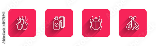 Set line Insect fly, Pressure sprayer, Mite and Butterfly with long shadow. Red square button. Vector