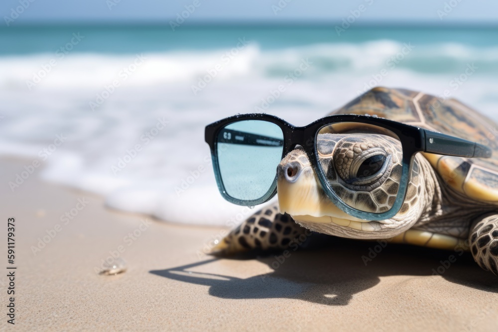 A turtle with glasses on the beach basks in the summer sun on the beach. Animal on warm sand surrounded by sea water Generative AI A turtle with glasses on the beach basks in the summer sun on the beach. Animal on warm sand surrounded by sea water Generative AI