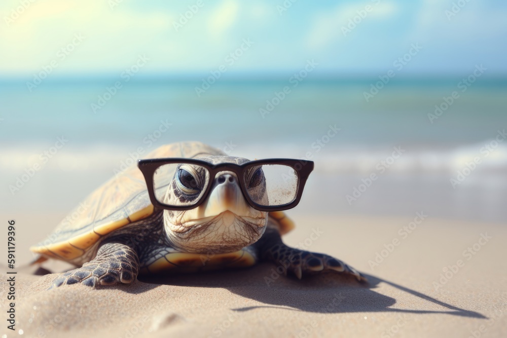 A turtle with glasses on the beach basks in the summer sun on the beach. Animal on warm sand surrounded by sea water Generative AI