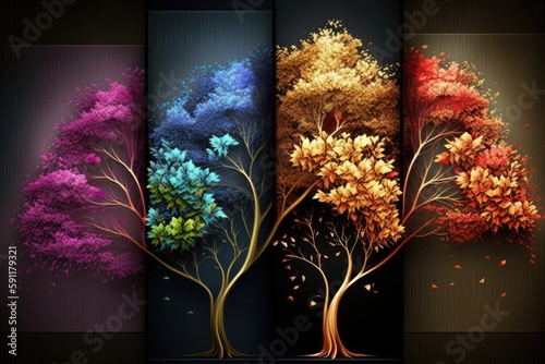 Colorful tree with leaves on hanging branches of blue, white and golden illustration background. 3d abstraction wallpaper for interior mural wall art decor. floral tree with multicolor leaves, Gen AI