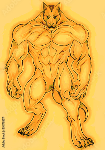 Digital illustration of a massive, muscular anthropomorphic creature with canine head