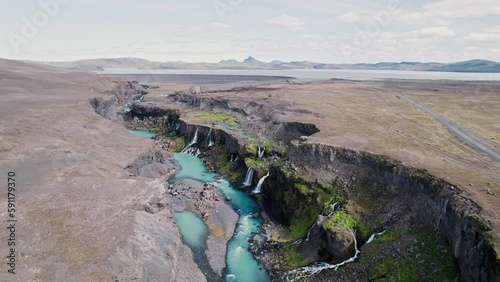 Drone aerial of Sigoldugljufur Canyon in the Icelandic Highlands photo