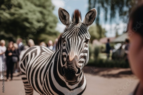 a zebra at a wedding with flowers came to congratulate the bride and groom. A wedding ceremony and many people around Generative AI