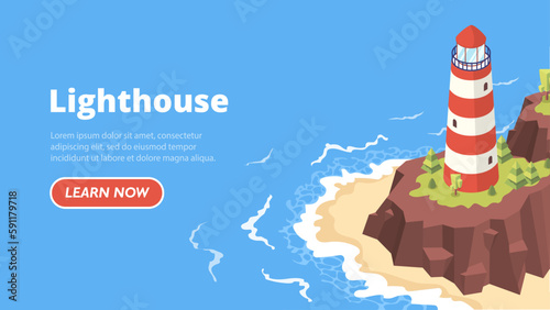 Isometric lighthouse concept. Island near sea or ocean. Coast or seashore. Business vision, navigation, startup development perspective. Landing page design. Cartoon vector illustration