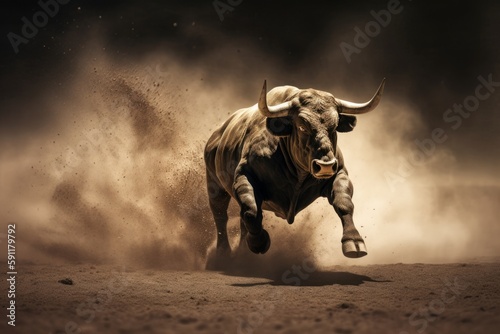 The bull runs at full speed, kicking dust into the air behind him. Bitcoin bull run Generative AI © vasyan_23