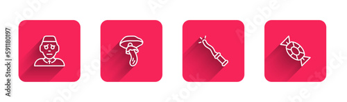 Set line Priest, Psilocybin mushroom, Magic wand and Candy with long shadow. Red square button. Vector
