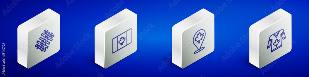 Set Isometric line Snowflake, Flag of Canada, Canadian maple leaf and Hockey jersey icon. Vector