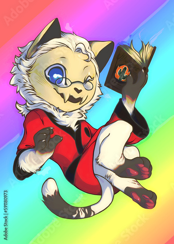 Digital illustration of a floating cute creature, with cat ears, holding a book. Its face is skull-like, but adorable, and it wears a red-and-black robe.