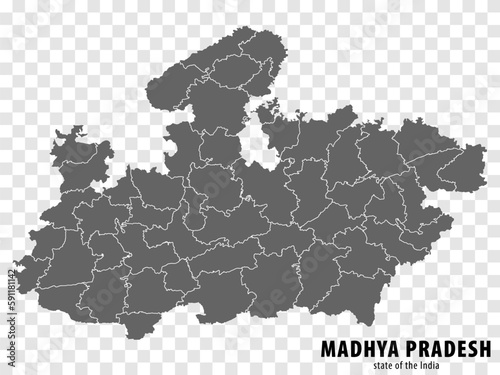 Blank map State Madhya Pradesh of India. High quality map Madhya Pradesh with municipalities on transparent background for your web site design, logo, app, UI. Republic of India. EPS10.