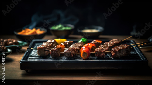 A Table Grill Feast: Yakiniku, Japanese Cuisine at Its Best, food photography. Generative AI
