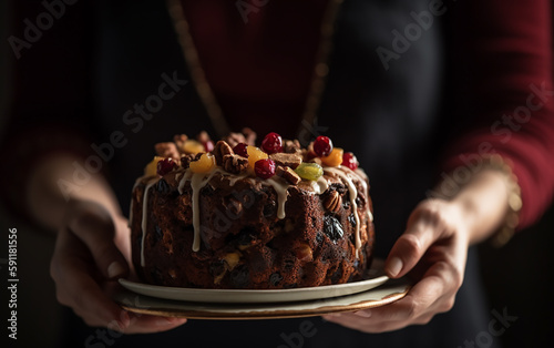 Embracing festive vibes, a woman in deep red showcases a Christmas cake with berries and nuts, an embodiment of cherished moments and delectable delights.