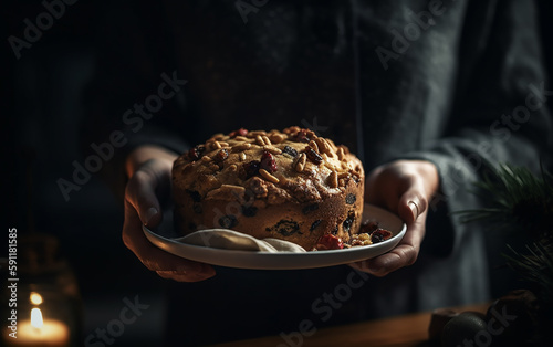 Captured in a serene festive ambiance, a man carefully presents a classic Christmas cake, loaded with fruits and nuts, symbolizing the rich traditions of the season.