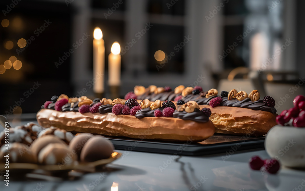 Luscious éclair topped with an assortment of berries, beautifully juxtaposed against a serene evening ambiance with gentle candlelight.