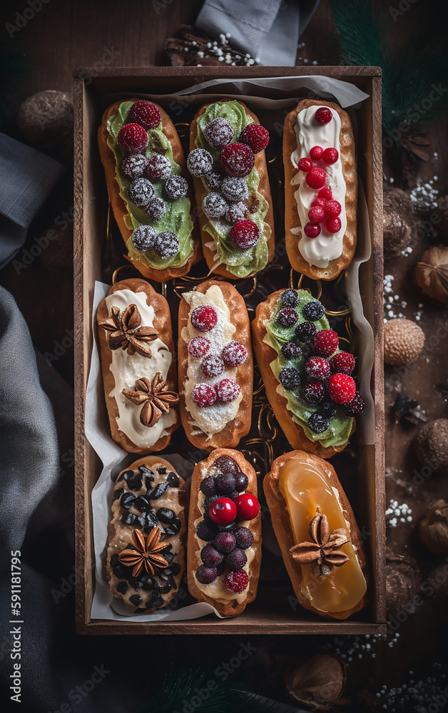 An enticing selection of éclairs, garnished with fruits and festive motifs, perfectly capturing the essence of holiday indulgence and cheer.