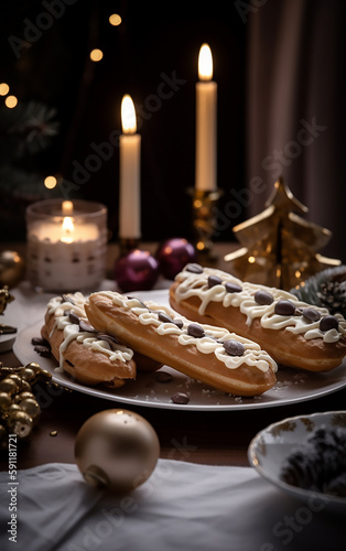 Elegant éclairs drizzled with white cream and chocolate chips, surrounded by festive baubles, candles, and a golden Christmas tree for a magical holiday setting.