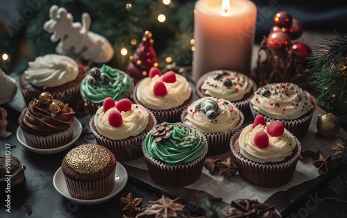 An enchanting tableau of Christmas-themed cupcakes alongside a glowing candle  with decorative elements like pinecones and ornaments adding to the yuletide charm.