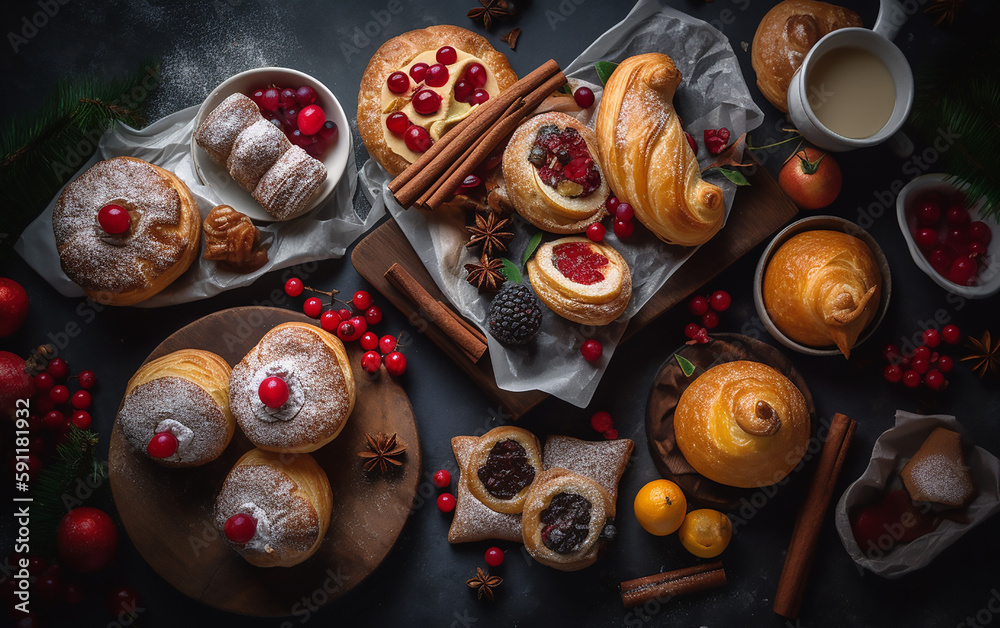 An exquisite collection of pastries, from berry-filled delights to golden buns, presented beautifully with a touch of festive garnish.