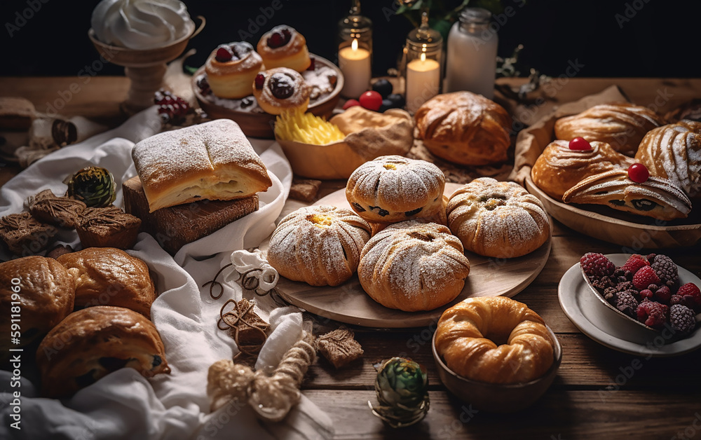 A lavish spread of holiday desserts, from cream-filled puffs to berry-topped tarts, is lit softly by the ambient glow of a nearby candle.