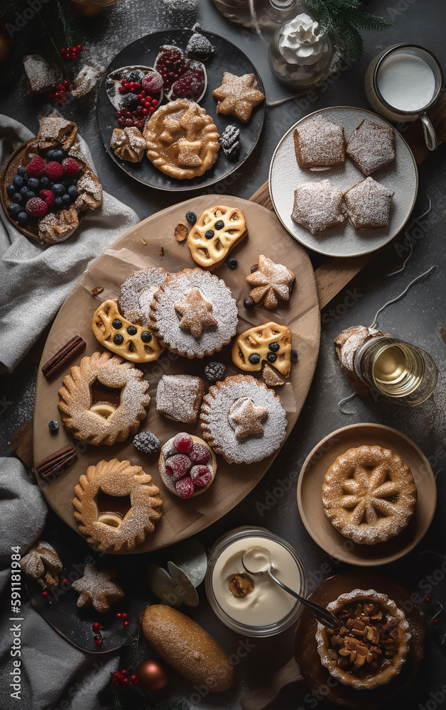 Assorted festive cookies and pastries, dusted with sugar, accompanied by creamy drinks, create a canvas of Christmas indulgence and joy. Assorted festive cookies and pastries, dusted with sugar, accompanied by creamy drinks, create a canvas of Christmas indulgence and joy.