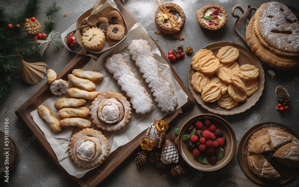 A delightful array of festive pastries and treats, neatly arranged on wooden platters, surrounded by holiday decorations, inviting a taste.