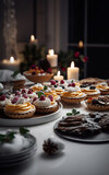 Elegant dessert spread with an array of tarts, pies, and cookies, beautifully garnished with fresh berries and set against a backdrop of candles and decor.