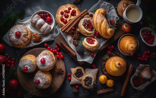 An exquisite collection of pastries, from berry-filled delights to golden buns, presented beautifully with a touch of festive garnish.