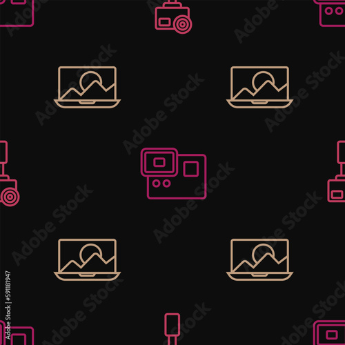 Set line Action extreme camera, Photo retouching and on seamless pattern. Vector