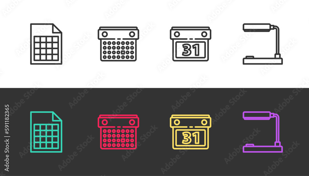 Set line File document, Calendar, and Table lamp on black and white. Vector