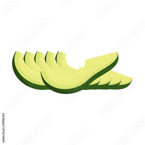 Avocado fruit. Avocado wedges and slices, halved and thinly sliced for salads and snacks. Flat cartoon vector isolated on white background