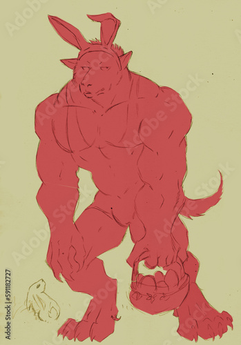 Illustration of a very muscular anthropomorphic canine wearing a pair of rabbit ears and a wrestling suit