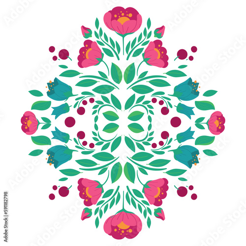 Fototapeta Naklejka Na Ścianę i Meble -  Symmetrical vector floral ornament. Folk art decoration with meadow and garden flowers and berries. Traditional rustic floral pattern